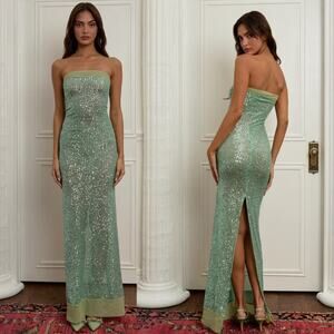 Fait Par Foutch Dress Sequin Green Strapless Malachite Elizabeth Maxi Dress S